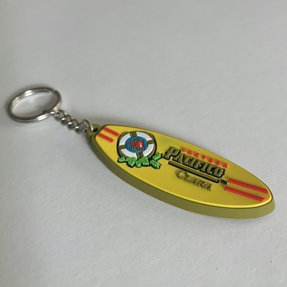Pacifico Beer Cerveza Clara Surfboard Keychain Yellow Rubber Key Fob Keychain 3” - Picture 1 of 7